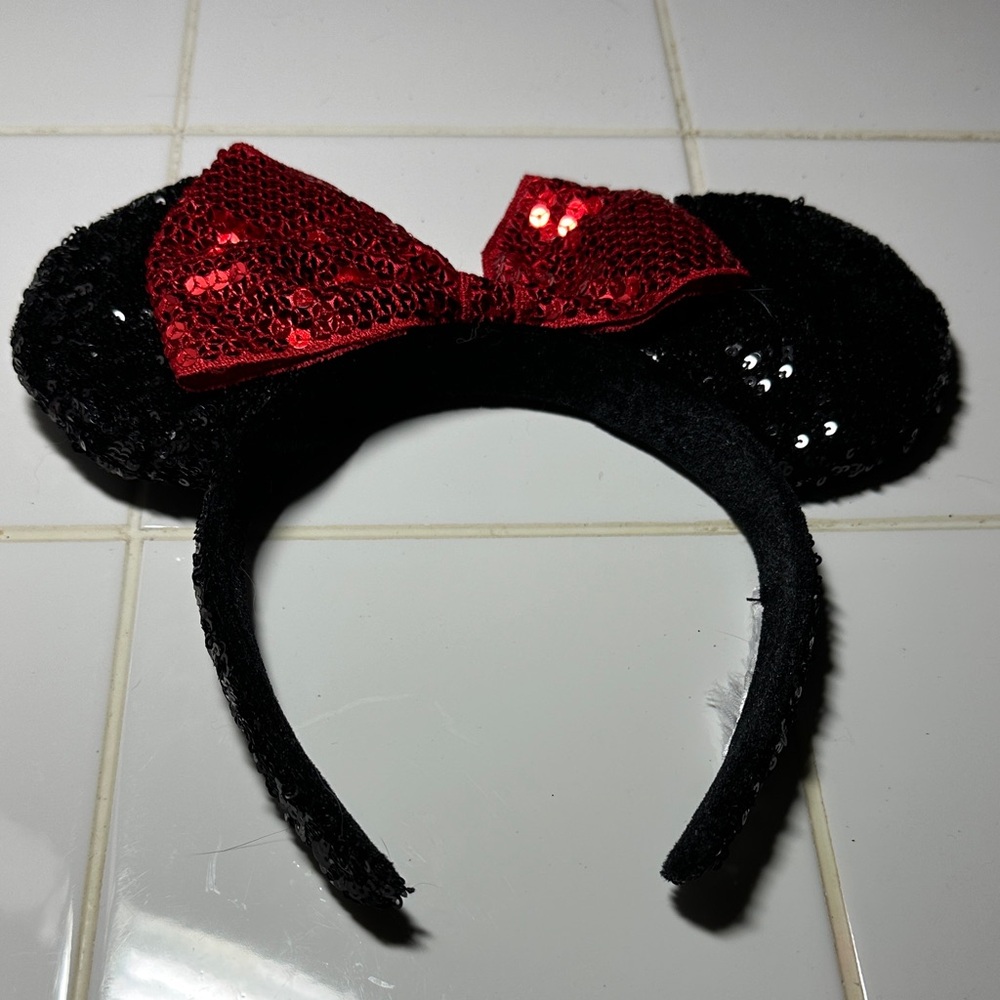 Sequin Mouse Ears Headband with Red Bow